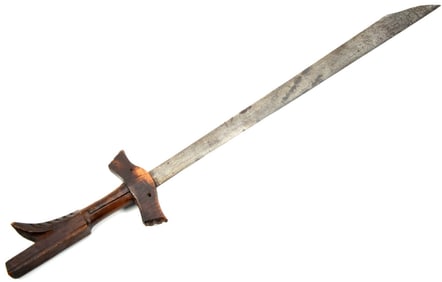 Large 19th C. Asian Philippine Moro Warriors KAMPILAN Sword with Traditional Large Carved Wood Grip