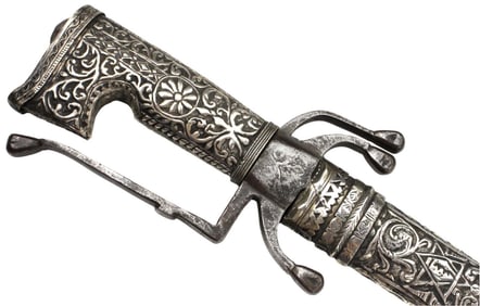 Very Fine Large Arabic Algerian or Moroccan NIMCHA Sword in Ornate Silver Mounts with Islamic