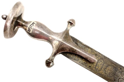 Rare 17th-18th C. Mughal Indian Tulwar / Shamshir Sword with Silver Hilt & Unique Broad Blade, One