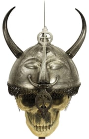 Very Good 19th C. Indian or Persian Horned Demon Face KHULA-KHUD Helmet with Extensive Silver