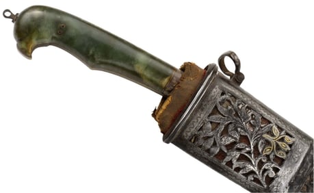 Nice 19th C. Islamic Mughal Indian KHANJAR Dagger with Green Jade & Jasper Stone Grips, Gold &