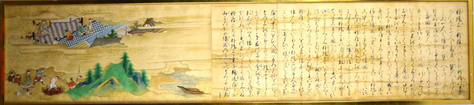 Large Antique Korean Empire Watercolor Painting With Poem: Very fine large antique Korean Empire period fight against Japan watercolor painting depicting court scene and execution after court decision. Part of the painting depicting calligraphy poem. Superb d