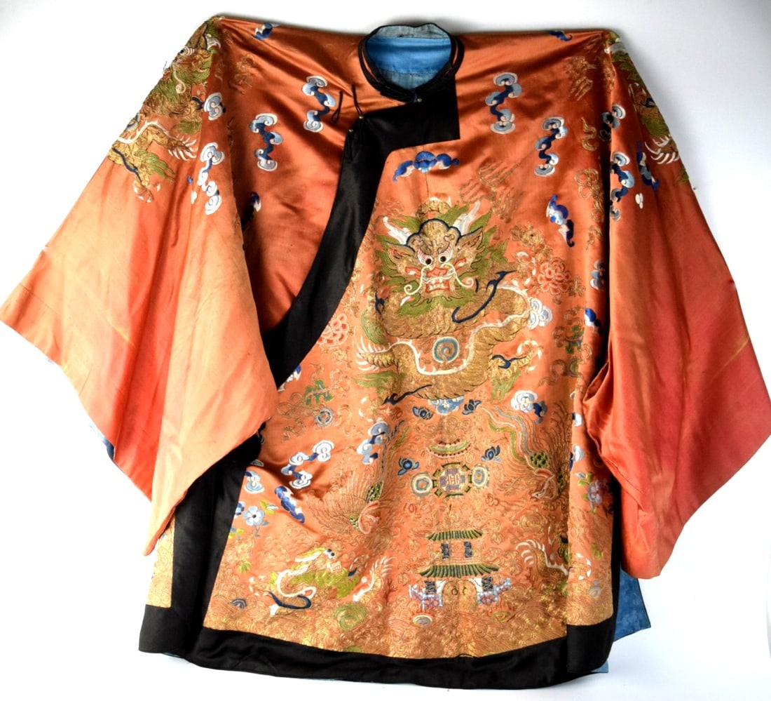Chinese Qing Dynasty Coral Silk Embroidered Dragon Robe (1 of 19)