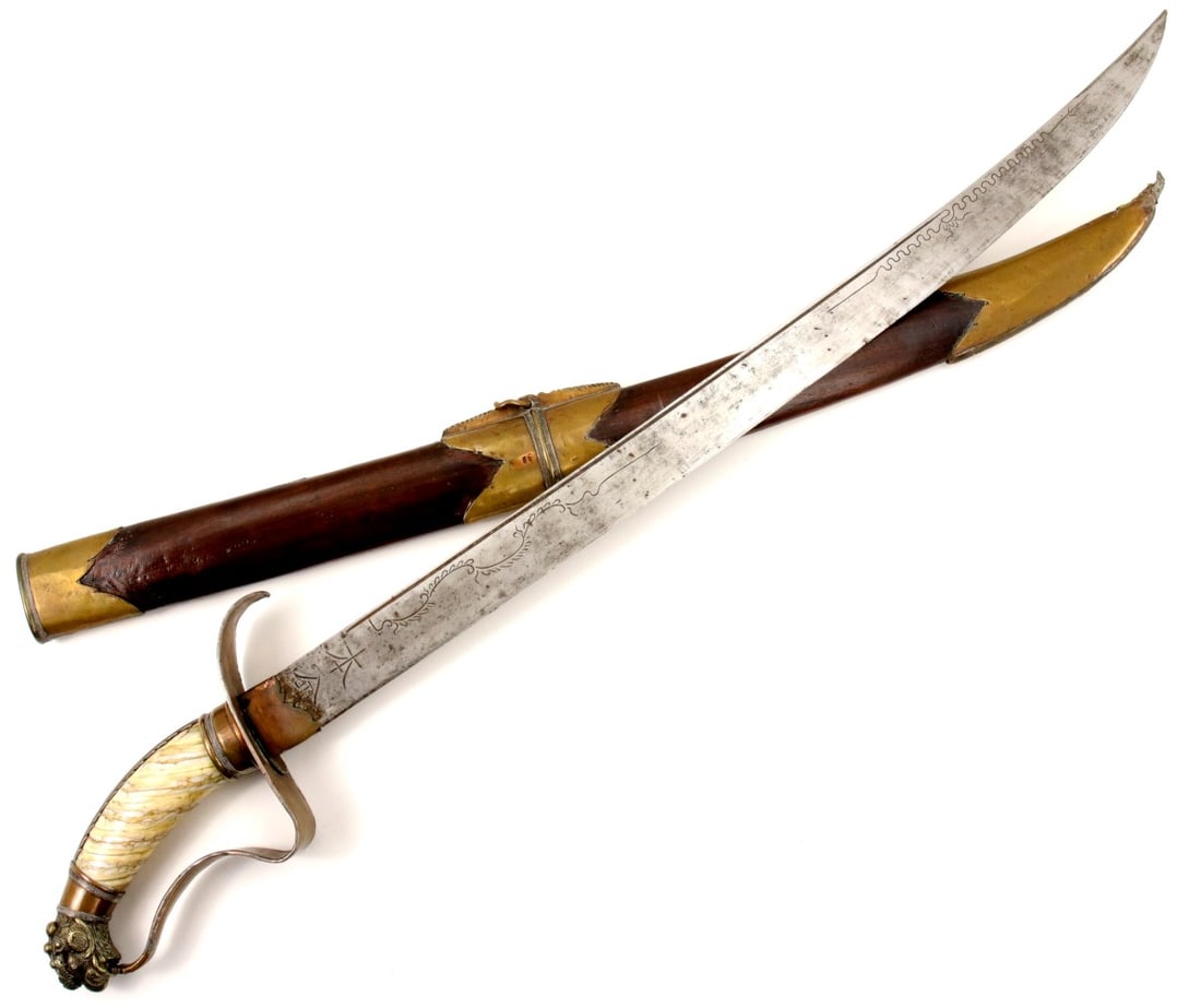RARE 19TH C. CHINESE OR VIETNAMESE SWORD WITH FOSSILIZED MAMMOTH TOOTH GRIP: Rare 19th C. Chinese or Vietnamese Sword with Fossilized Mammoth Tooth Grip. Total length (inside scabbard if present) : 30 3/4", Blade length : 23 1/8". ~~ Detailed condition reports are not included
