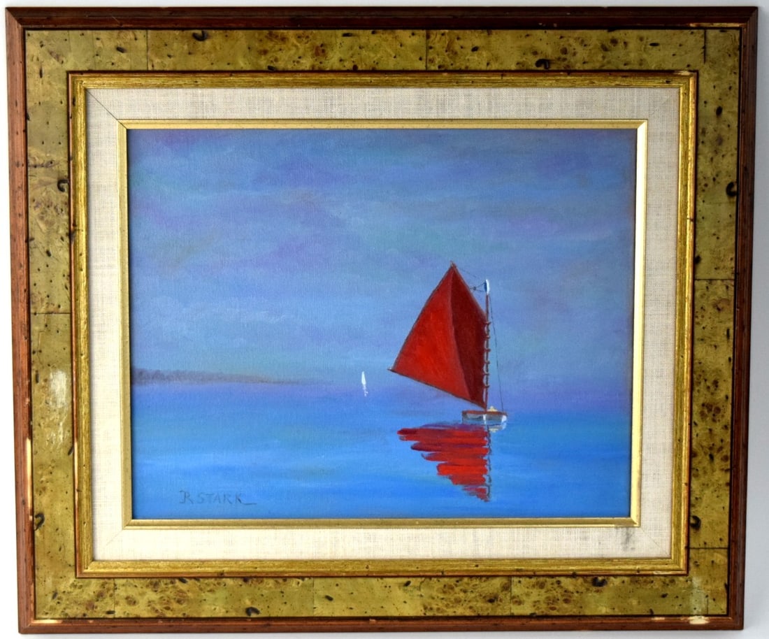 American Robert Stark Jr. Red Sailboat Oil On Canvas Painting With Independent Appraisals