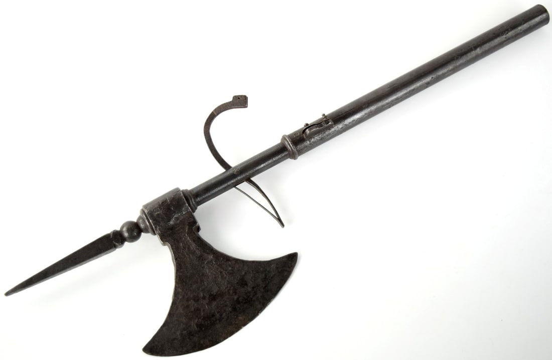 Rare 17th C. Mughal Indian Fighting Axe / Matchlock Pistol, Well Built from Strong Forged Iron.: Rare 17th C. Mughal Indian Fighting Axe / Matchlock Pistol, Well Built from Strong Forged Iron. Total length (inside scabbard if present): 21 1/4", Blade length: 5 1/8" x 5 3/4".~~. Detailed condition