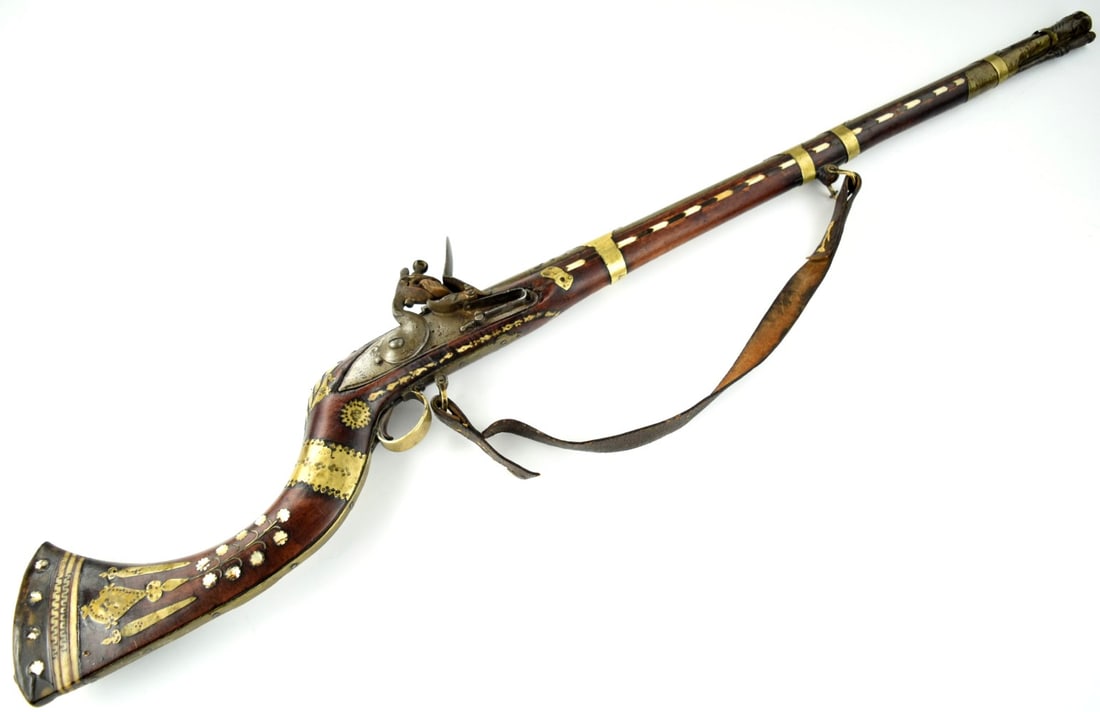 Very Good 19th C. Islamic Afghani Afghanistan JEZAIL Camel Rifle with Lovely Brass Bone Pearl: Very Good 19th C. Islamic Afghani Afghanistan JEZAIL Camel Rifle with Lovely Brass Bone Pearl Mounts, Barrel with Arabic Inscription. Total length (inside scabbard if present): 44", Barrel length: 29