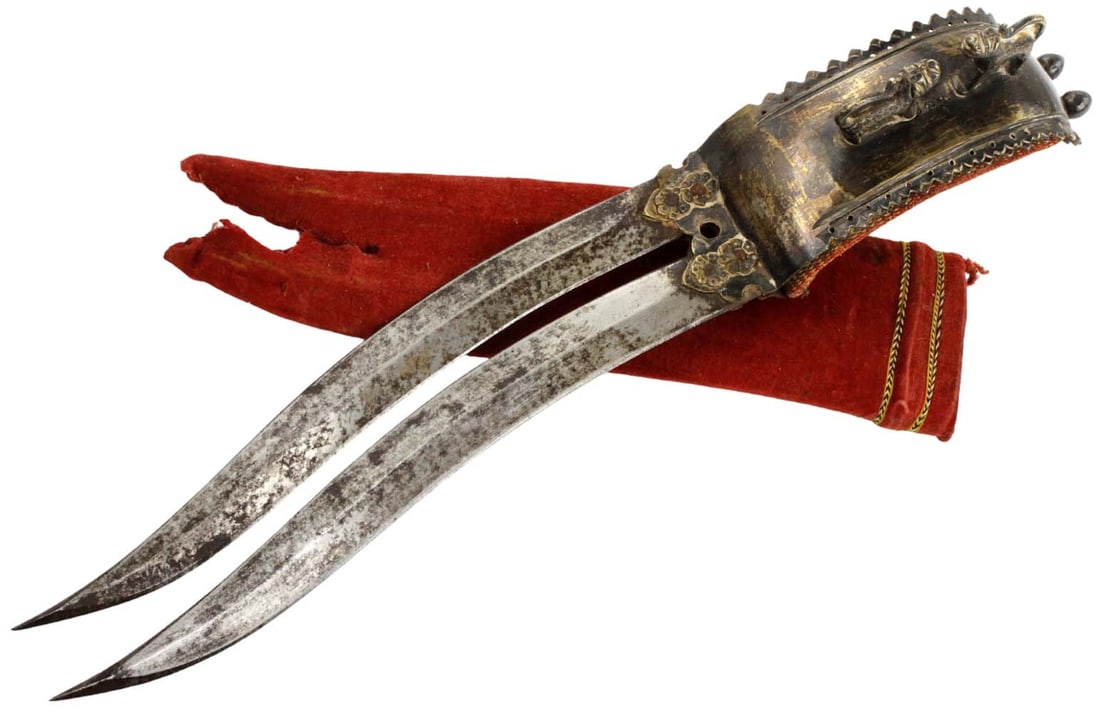 Rare 18th-19th C. Mughal Indian Double-bladed BICHWA Dagger wit Complete Lining & Scabbard, Silvered: Rare 18th-19th C. Mughal Indian Double-bladed BICHWA Dagger wit Complete Lining & Scabbard, Silvered Hilt with Figural Dogs or Lions Details. Total length (inside scabbard if present): 13 1/2", Blade