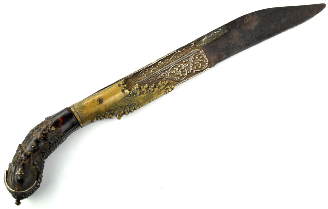 Good Antique Asian Sri Lanka PIHA-KAETTA Dagger Knife with Silver & Copper Mounts, Fine Carved Horn (1 of 11)