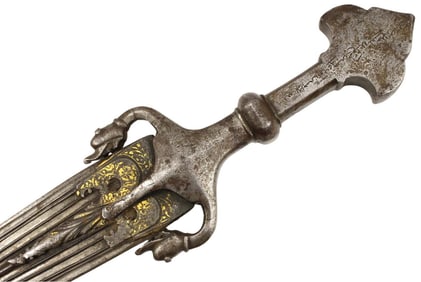 Superb Quality 17th C. Mughal Indian Wootz Damascus Dagger with Fascinating Inscriptions to the Hilt