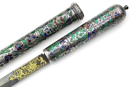 Unique 19th C. Lucknow Indian Assassin Enamel Silver Stick with Concealed Dagger, Gold Inlaid Wootz
