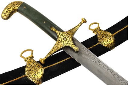 Very Fine Indian SHAMSHIR Sword of Elegant Form, with Jade Stone Grips & Extensive Gold Koftgari
