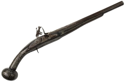 Very Nice 19th C. Russian Caucasian or Balkan Flintlock Pistol with Gold & Silver Inlayed Barrel