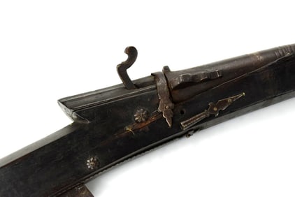 Early 17th-18th C. Mughal Indian TORADAR Matchlock Rifle with Brass and Chiseled Iron Mounts.