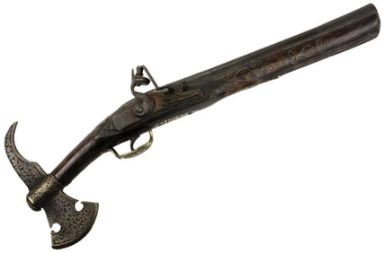 Interesting Antique 19th C. Islamic Arabic or Afghan Flintlock Pistol Axe with Ornate Brass Mounts &