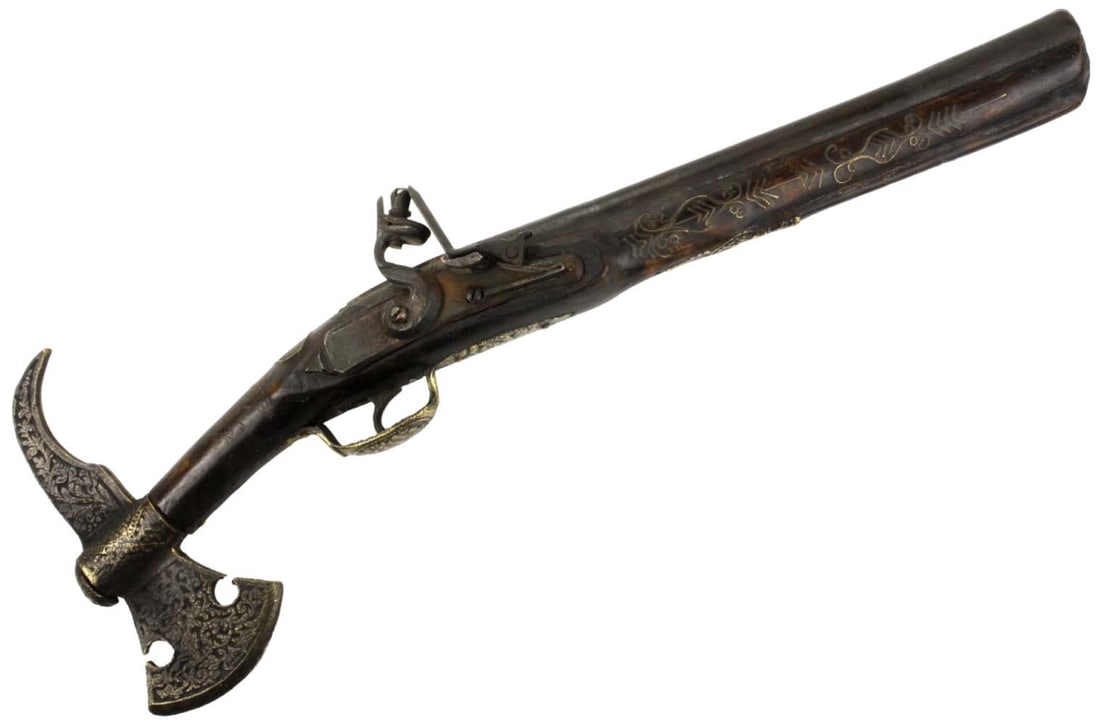 Interesting Antique 19th C. Islamic Arabic or Afghan Flintlock Pistol Axe with Ornate Brass Mounts &: Interesting Antique 19th C. Islamic Arabic or Afghan Flintlock Pistol Ax with Ornate Brass Mounts & Wire Inlaid Stock. Total length (inside scabbard if present): 18 3/4", Barrel length : 10 3/4", Blad