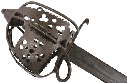 Massive Antique Scottish Highlanders Basket Hilt Broad Sword with Etched Celtic Patterns to Large