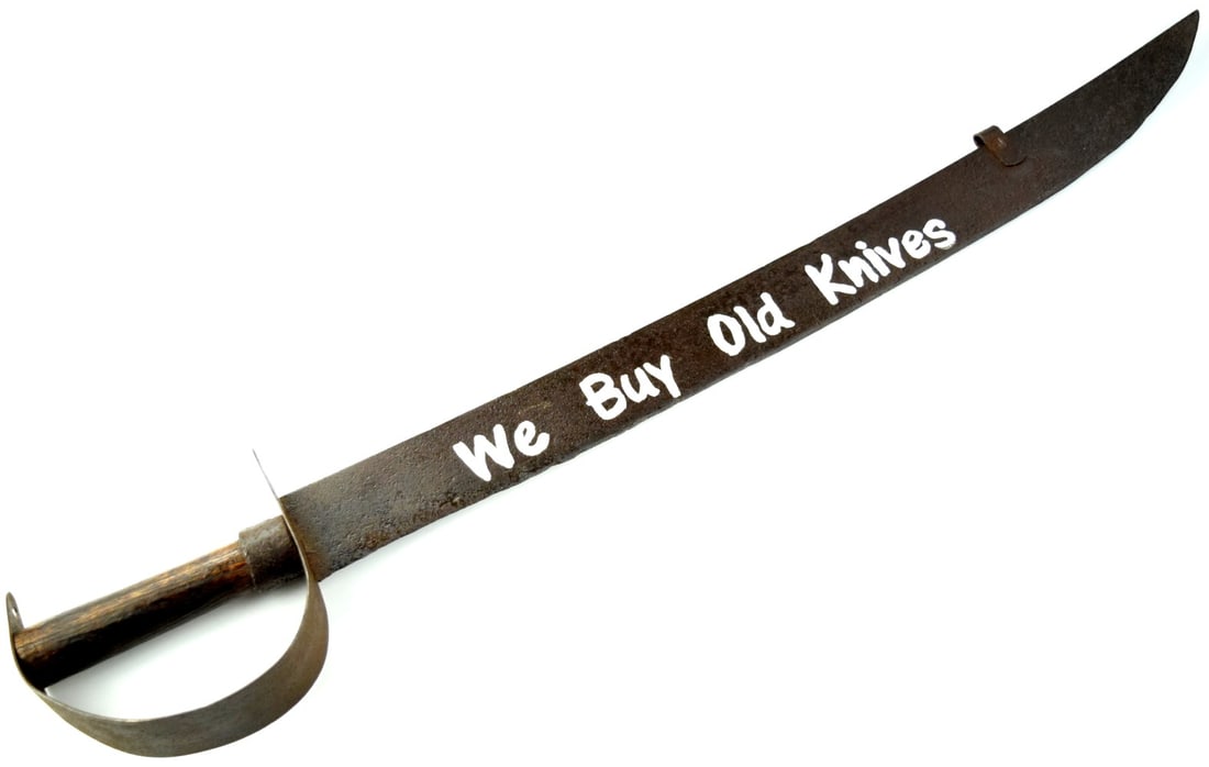 Unique American Civil War era Confederate D-guard Navy Cutlass Naval Sword, Later Turned in to a: Unique American Civil War era Confederate D-guard Navy Cutlass Naval Sword, Later Turned in to a Knife Collector's Store Display / Sign. Total length (inside scabbard if present): 30 5/8", Blade lengt