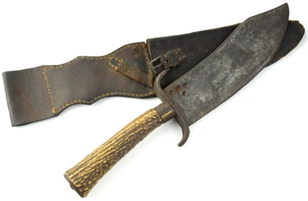 Very Good Early Western Bowie Knife with Exceptionally Strong Blade Having Struck Maker Marks. Stag