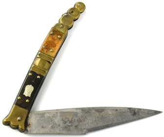 Nice 19th C. Spanish or French NAVAJA Folding Knife with Etched Blade and Horn Grips.