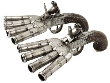 Fantastic 18th C. Pair of English Duckfoot Flintlock Pistols by KETLAND & Co. Multiple Hallmarks to