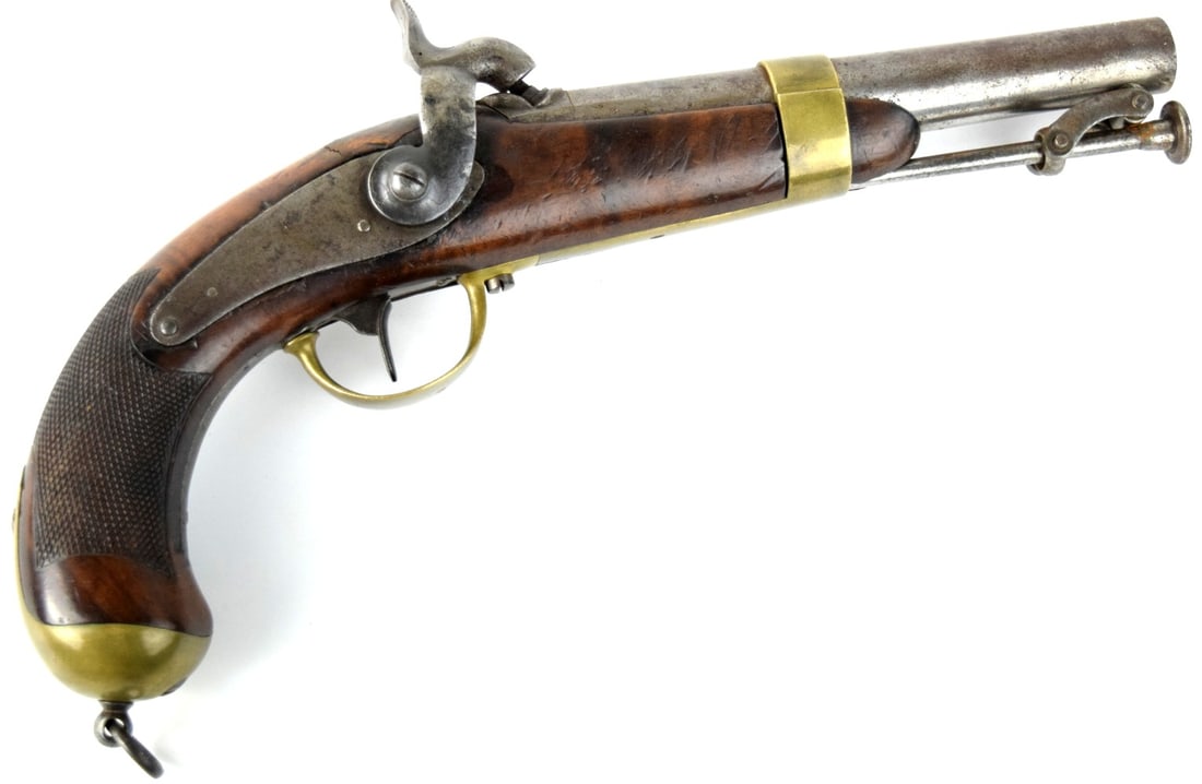 Model 1837 Belgian or French Percussion Dragoon Pistol, Maker Marked to Brass and Steel Mounts.: Model 1837 Belgian or French Percussion Dragoon Pistol, Maker Marked to Brass and Steel Mounts. Total length (inside scabbard if present): 12 1/4", Barrel length: 6 3/4". Detailed condition reports ar