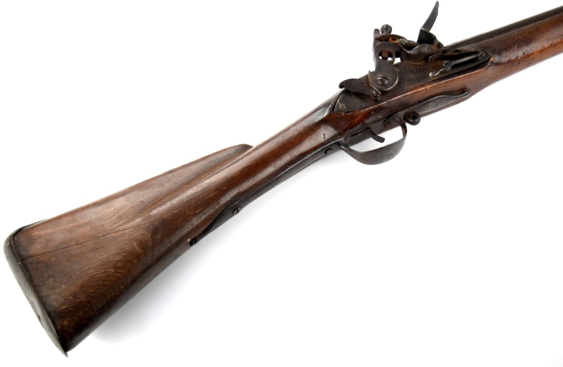 Antique 18th-19th C. English Flintlock Rifle, Lock Marked WARRANTED. Multiple Maker Marks to Barrel.: Antique 18th-19th C. English Flintlock Rifle, Lock Marked WARRANTED. Multiple Maker Marks to Barrel. Possibly American Revolution era or Later. Total length (inside scabbard if present): 61 1/4", Barr