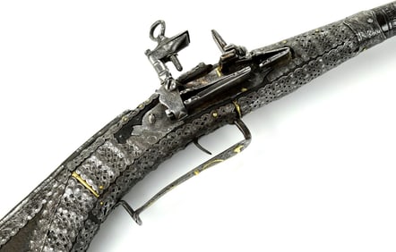 Fabulous 18th C. Italian Brescian Miguelete Rifle Musket with Extensive Chiseled Steel and Brass