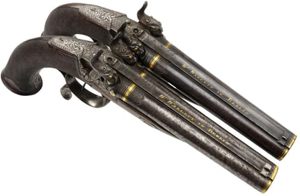 Fabulous Pair of Circa 1845 German Double Barrel Percussion Pistols by HOWDAH. Super Fine Chiseled