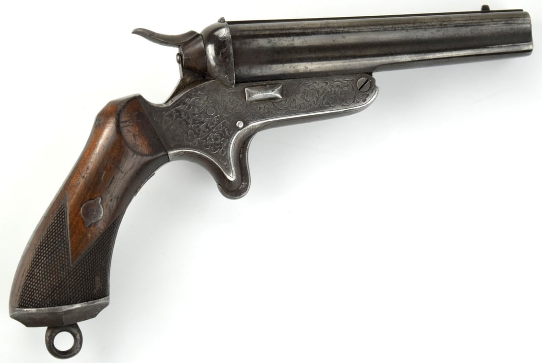 Rare 4-barrelled German Rimfire Derringer Pistol, Circa 1870. Barrel Engraved ''H. BIEDERMANN's: Rare 4-barrelled German Rimfire Derringer Pistol, Circa 1870. Barrel Engraved ''H. BIEDERMANN's PATENT'' Total length (inside scabbard if present): 10 1/8", Barrel length : 5 1/8".~~. Detailed conditi