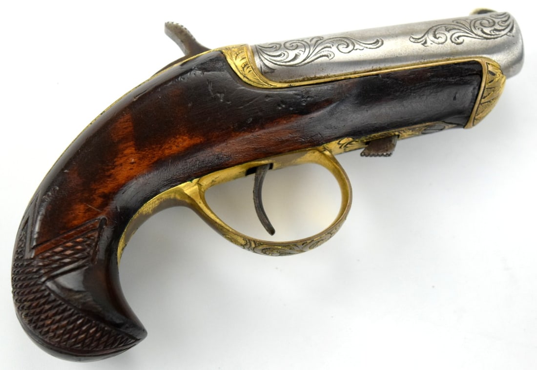 Rare Factory Gilt & Engraved 1866 Patent Williamson New York 41-caliber Rimfire Derringer Pistol,: Rare Factory Gilt & Engraved 1866 Patent Williamson New York 41-caliber Rimfire Derringer Pistol, Lovely Carved Redwood Stock. Total length (inside scabbard if present): 5 3/8", Barrel length: 2 1/2".