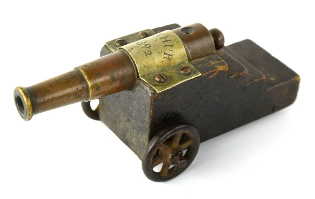 Interesting Antique 1892 Bronze Tabletop Signal Cannon, Brass Band Engraved ''ARTHUR 1892''.: Interesting Antique 1892 Bronze Tabletop Signal Cannon, Brass Band Engraved ''ARTHUR 1892''. Original Wood Carriage. Very Cool and Unusual Example. Total length (inside scabbard if present): 9 1/2", D