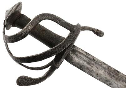 Rare 16th C. German Cavalry DUSAGE Sword with Chiseled Iron Hilt Mounts, Original Leather Grip Cover