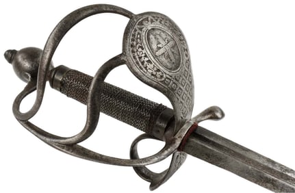 Rare 17th C. French Italian or Spanish Musketeer Officer's Rapier Sword, Chiseled Steel Hilt Mounts