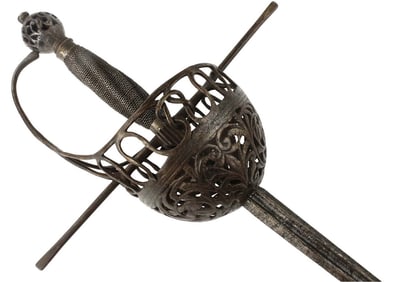 Rare 17th C. Italian or Spanish Cup-hilt Rapier Sword with Intricate Pierced and Chiseled Iron Hilt