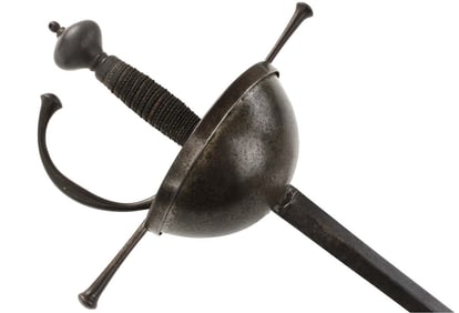 Good 18th C. French or Spanish Military Cup-hilt Rapier Sword with Engraved & Inscribed Blade.