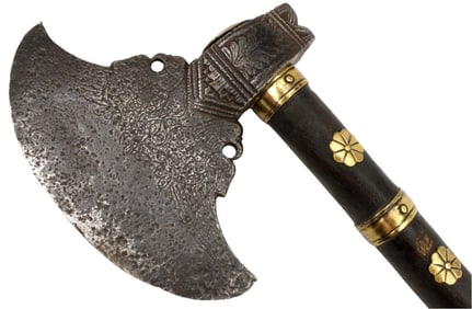 Rare 17th c. Polish or Hungarian Horseman's Battle Axe / War Hammer with Strong Broad Blade Chiseled