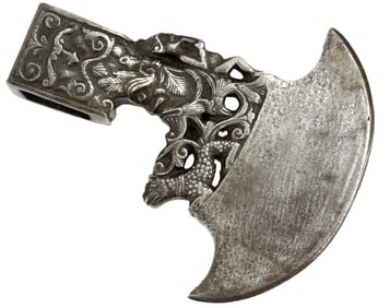 Fantastic 16th C. Italian Axe Head with Incredible Chiseled Steel Mythological Motives