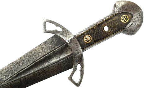 Fantastic Gothic 15th C. Italian CHINQUEDIA Dagger with Elaborate Pierced Through Brass Rosettes to