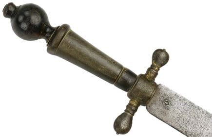 Large 17th C. French Left Hand STILETTO Dagger with Gold Inlaid Iron Guard, Complex Horn Grip &