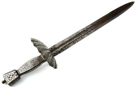 Impressive Large French or Spanish Left Hand Dagger with Extensive Silver Inlaid Decorations to