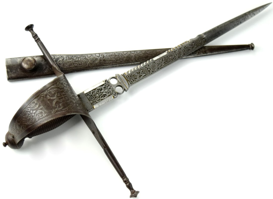 Attractive 19th C. Spanish Toledo Mein-Gauge Left Hand Dagger with Extensive Etched Decorations to (1 of 20)