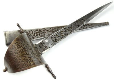 Great Quality 19th C. Spanish Toledo Mein-Gauge Left Hand Dagger with Fine Chiseled Steel Blade