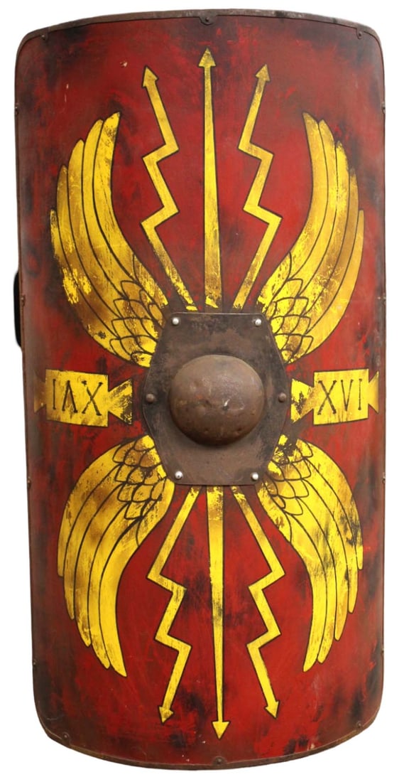 Impressive Large Antique Roman Legionary Style SCUTUM Shield of Carved Wood & Iron, Painted in (1 of 14)