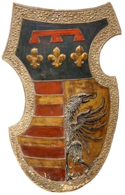 Beautiful Large Antique Carved Wood & Painted Medieval Style Tournament Knight Shield with Heraldic