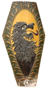 Large Antique Carved Wood & Painted Medieval Style Tournament Knight Shield with Heraldic Crest. A