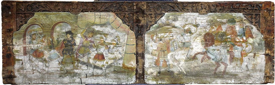 Fantastic 16th-17th C. Spanish or Italian Carved Wood Panel Board with Original Paintings of Battle: Fantastic 16th-17th C. Spanish or Italian Carved Wood Panel Board with Original Paintings of Battle Scenes, Warriors with Helmets Armor Shields Swords & Horses. Size: 13 7/8" x 45 1/2". Detailed condi