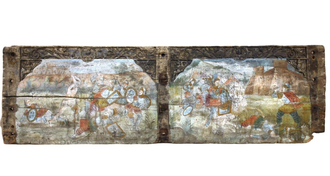 Fantastic 16th-17th C. Spanish or Italian Carved Wood Panel Board with Original Paintings of Battle: Fantastic 16th-17th C. Spanish or Italian Carved Wood Panel Board with Original Paintings of Battle Scenes, Warriors with Helmets Armor Shields Swords & Horses. Size: 13 7/8" x 45 1/2". Detailed condi