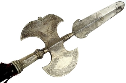 Beautiful German Saxon Halberd Polearm with Axe & Sword Form Head Finely Etched with Intricate