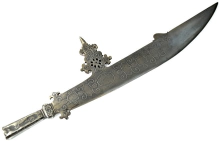 Large Antique Victorian era Italian Sword Polearm Iron Head with Etched and Engraved Decorations.